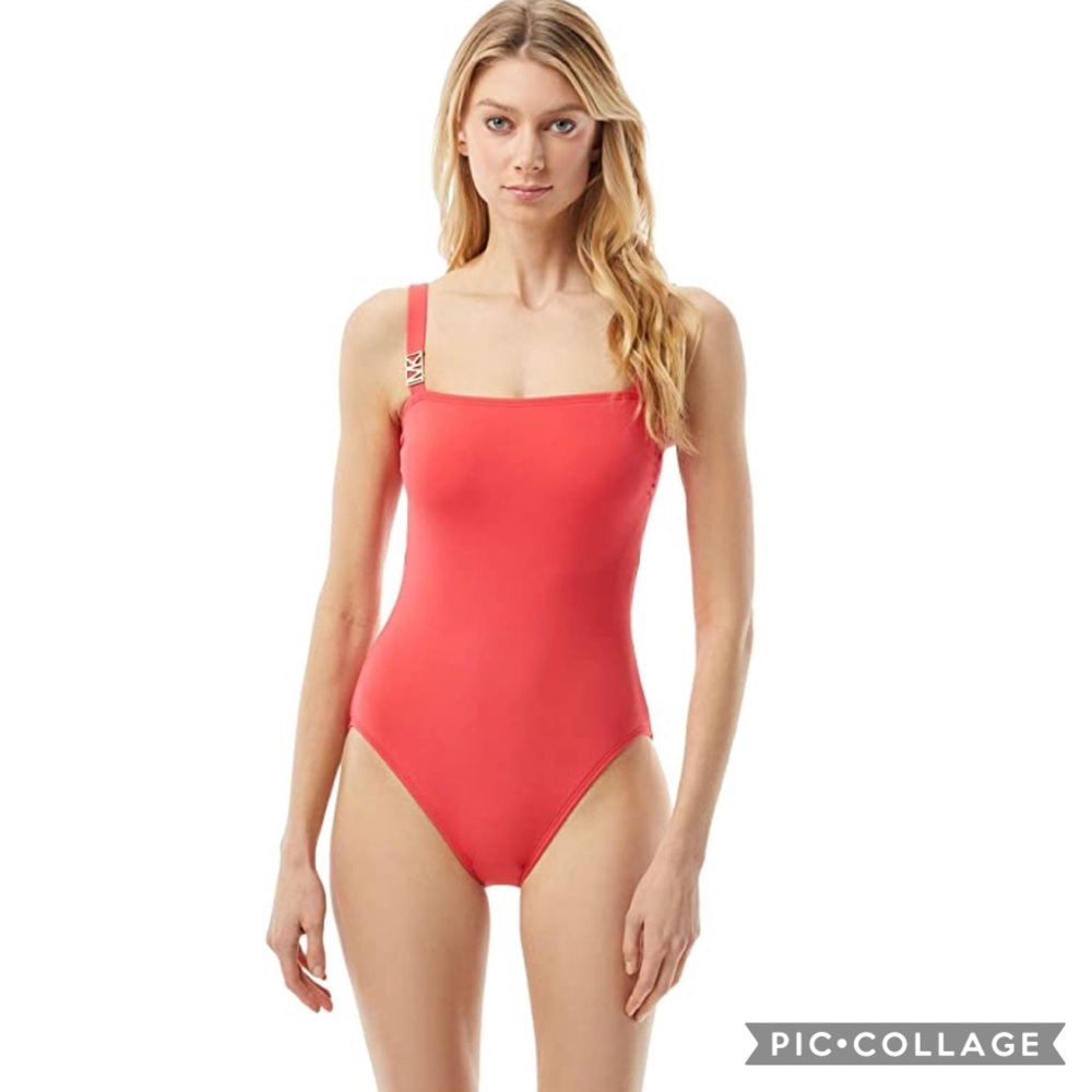 Michael Kors Logo Solid Square Neck One-Piece